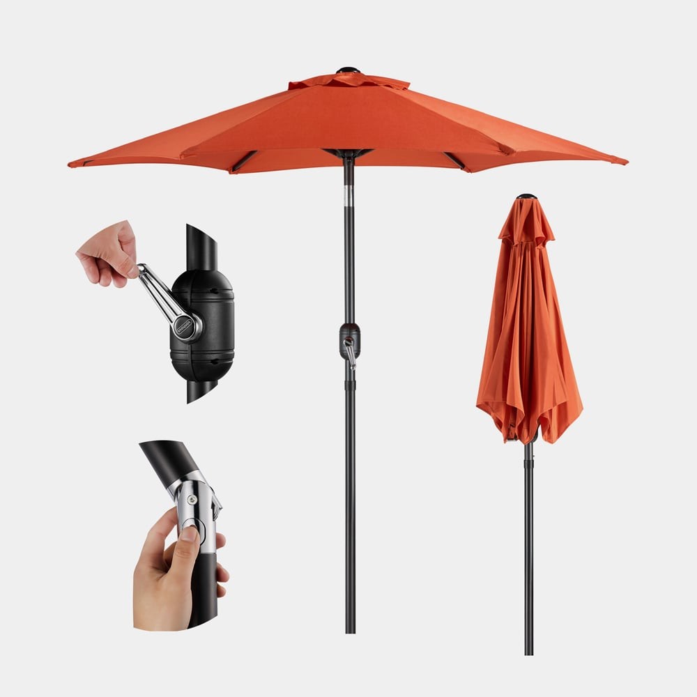 Bright orange steel garden parasol with a 2m canopy, featuring a sturdy black pole, adjustable tilt mechanism, and a compact design for easy storage.
