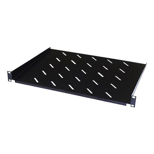 Black 1U cantilever vented shelf made of metal, featuring a slotted design for airflow, suitable for 600mm cabinets, with a weight capacity of 20kg.