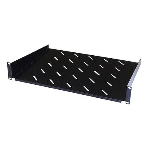Black 2U cantilever vented shelf made of metal, measuring 350mm deep, designed for 600mm cabinets, featuring ventilation slots and a weight capacity of 20kg.