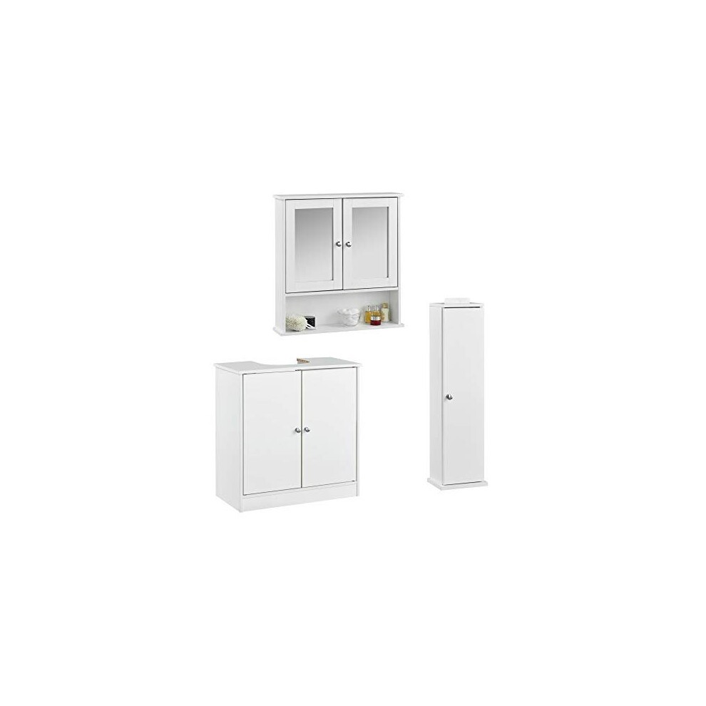 Modern white bathroom furniture set featuring a free-standing under-sink storage unit, a tall cabinet, and a wall-mounted medicine cabinet with a mirror.