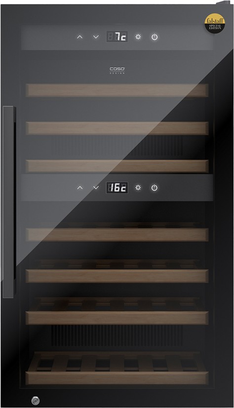 Black wine cooler with a glass door, featuring digital temperature displays, wooden shelves, and adjustable temperature settings for optimal wine storage.