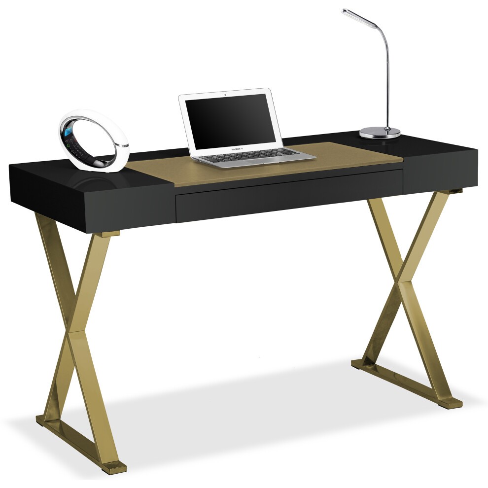 Ergonomic home office desk in black with a luxury leather pad, featuring a sleek gold X-shaped base, a central drawer, and space for a laptop and desk lamp.