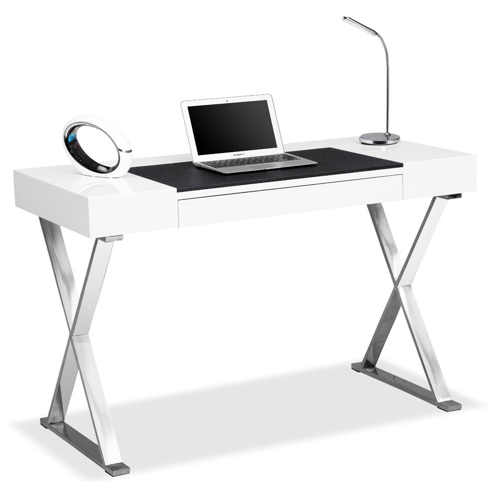 Gloss white ergonomic desk with chrome X-shaped legs, featuring a sleek design, a black mat for laptop use, and a modern desk lamp.
