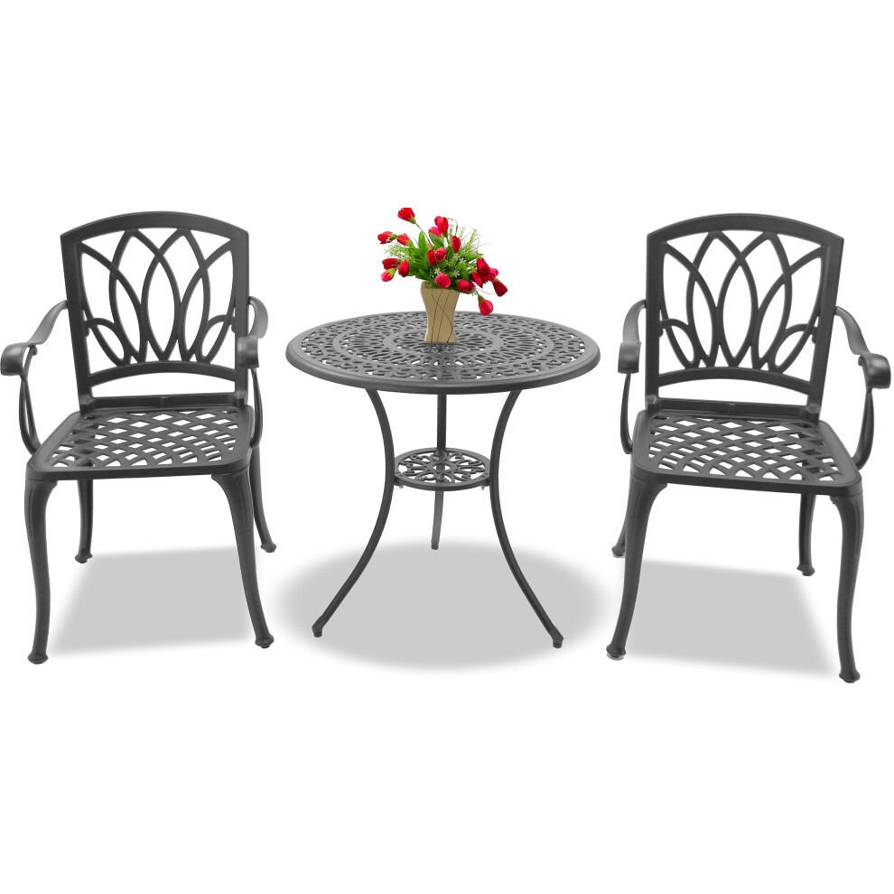 Luxurious grey cast aluminium bistro set featuring a round table and two large chairs with armrests, adorned with a floral centerpiece.