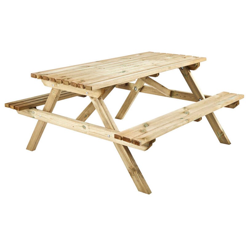 Brown wooden picnic table with a 5ft rectangular top, featuring slatted design and sturdy A-frame legs, ideal for outdoor dining and gatherings.
