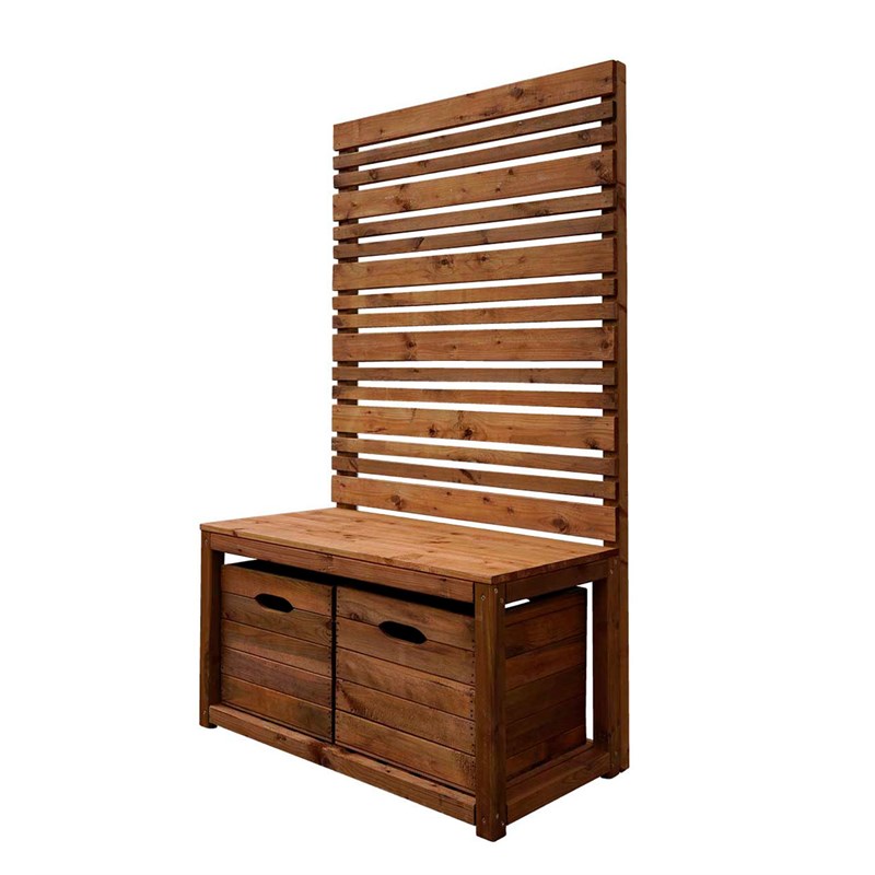 Brown wooden garden bench with a tall trellis backrest and two storage compartments beneath, featuring a slatted design for a rustic look.