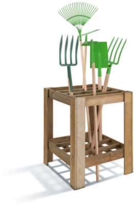 Wooden tool stand featuring various garden tools, including green rakes and spades, with wooden handles, set against a light background.