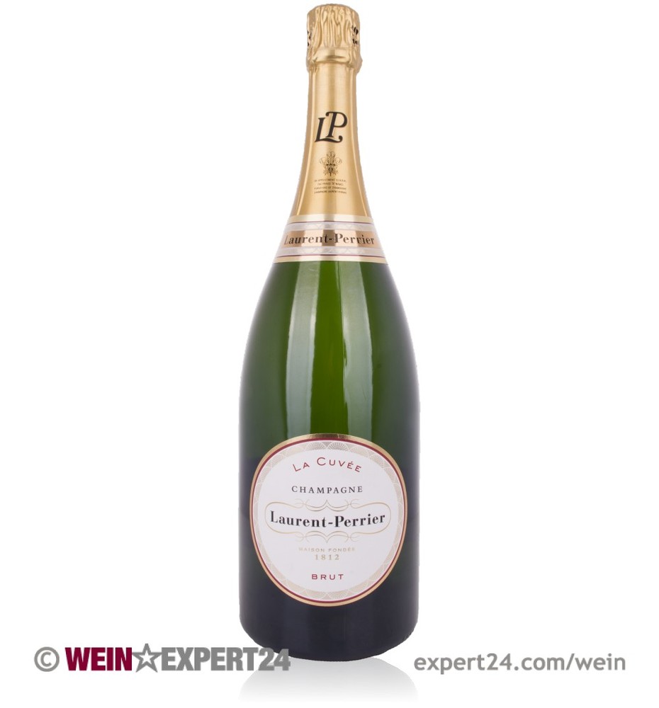 A large magnum bottle of Laurent-Perrier La Cuvée Brut NV Champagne, featuring a green glass body, gold foil cap, and a white label with red and black text.