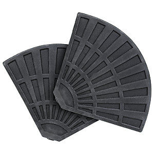 Two black, curved segments of a patio umbrella base stand with a textured surface and fan-like design, designed to provide stability for a cantilever umbrella.