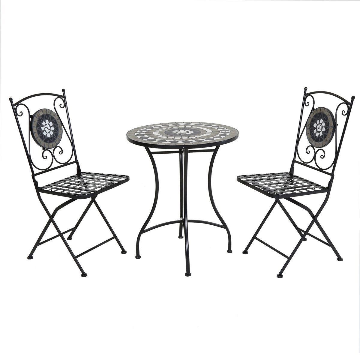 Black and grey mosaic bistro set featuring a round table and two folding chairs with intricate designs and a wrought iron frame, perfect for outdoor dining.
