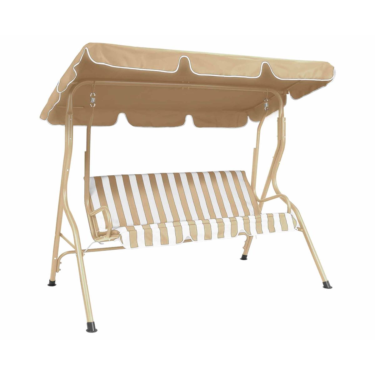 Beige garden patio swing seat hammock chair with powder-coated steel frame, featuring a striped and plain design canopy and seating area for 2-3 people.