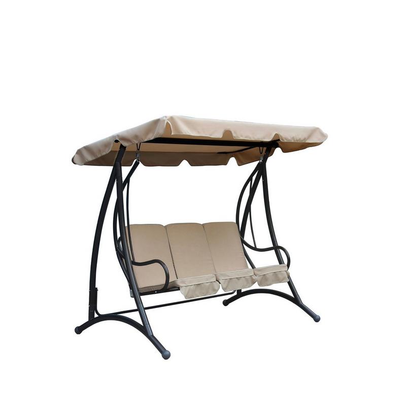 Three-seater outdoor swing seat bench chair with a sturdy black metal frame, featuring a beige canopy and cushioned seats for comfort.
