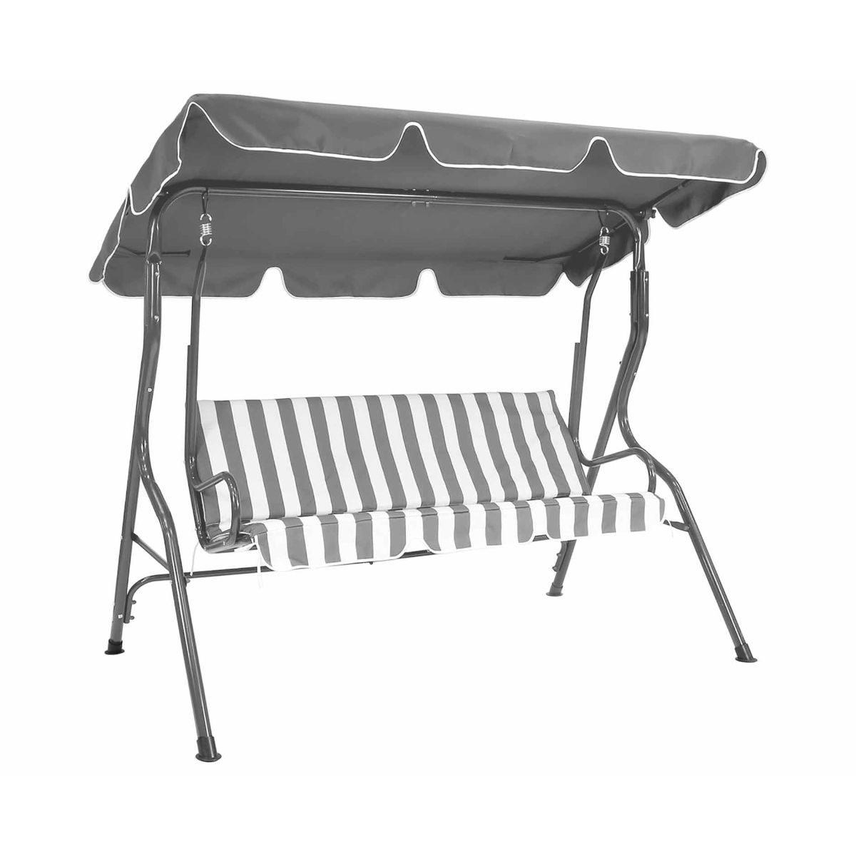 Grey Charles Bentley 2-3 seater garden patio swing seat hammock chair with powder-coated steel frame, featuring a striped cushion and a canopy with a scalloped edge.