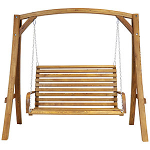 Larch wood outdoor swing seat bench in natural finish, featuring a slatted design, sturdy frame, and chains for hanging, suitable for 2-3 people, measuring 1.9 meters.