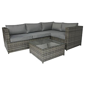 Grey rattan corner sofa set featuring plush grey cushions and a matching glass-top coffee table, designed for outdoor or indoor use.