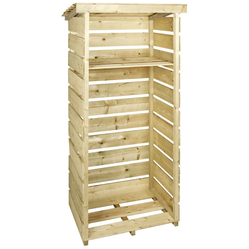 Tall wooden log store in brown, featuring slatted design, a flat roof, and a central shelf for organized storage of logs.