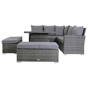 Grey rattan corner lounge set featuring plush cushions, a matching table, and an ottoman, designed for outdoor comfort and style.