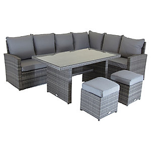 Light grey multifunctional rattan dining set with removable cushions, featuring a rectangular glass-top table and two matching stools, designed for six people.