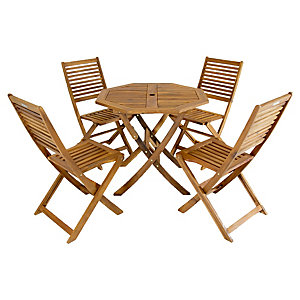 FSC-certified acacia wooden octagonal table with a slatted design, accompanied by four matching folding chairs, all in a natural wood finish.