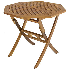 Brown octagonal dining table made of acacia wood, featuring a slatted top design and foldable legs for easy storage.