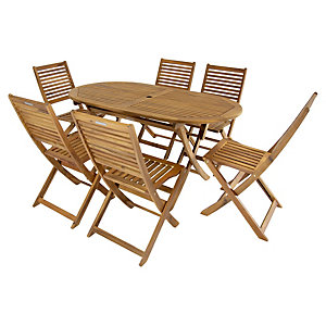 FSC Acacia wooden patio set featuring an oval table with a central hole and six matching folding chairs with slatted backs, all in a natural wood finish.