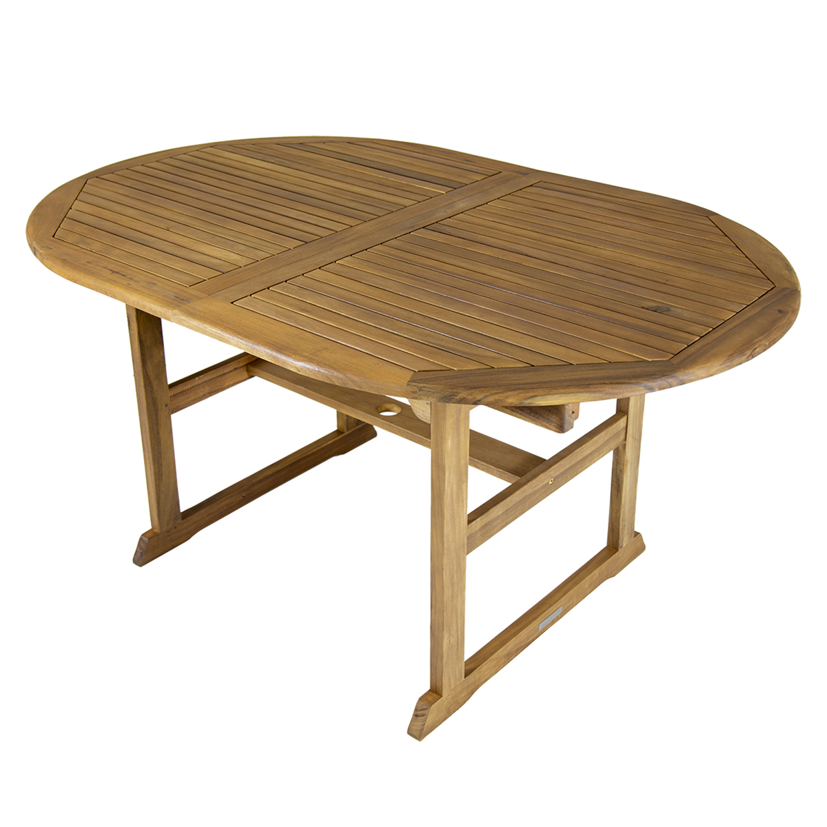 Brown acacia wood oval extendable table featuring a slatted top and sturdy legs, designed for outdoor use with a natural finish.
