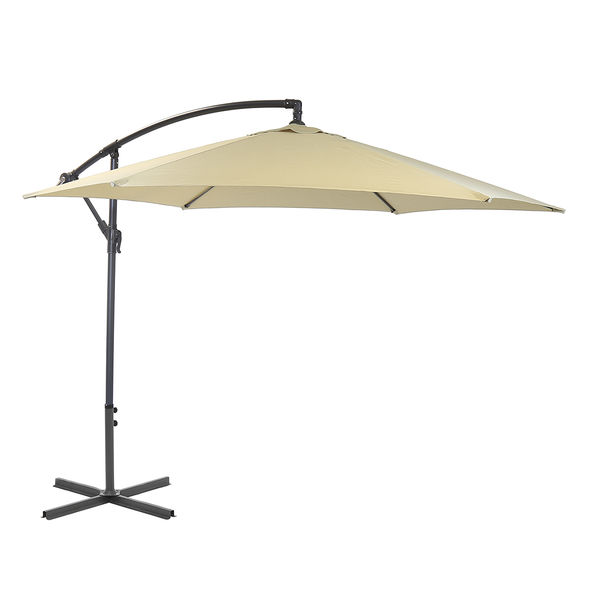 Beige Charles Bentley 3m hanging patio umbrella with a curved arm and sturdy black metal base, designed for free-standing use in various outdoor settings.