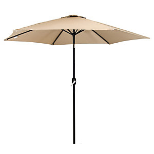 Beige metal patio umbrella with a crank and tilt feature, made of powder-coated steel, featuring a multi-colored design and a sturdy black pole.