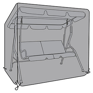 Black waterproof cover designed for a 2-seater swing seat, featuring a fitted shape with ties for secure attachment and a protective canopy.