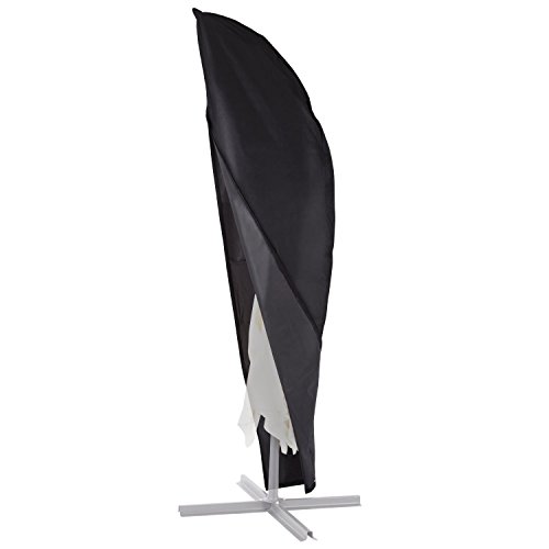 Black garden umbrella cover made of durable material, designed to fit banana umbrellas, featuring a sleek, streamlined shape and a sturdy base for stability.