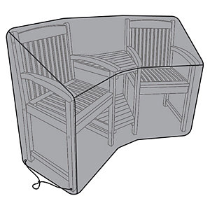 Black protective cover designed for a Jack and Jill patio love seat, featuring a fitted shape with drawstring closure and durable material to shield against weather elements.