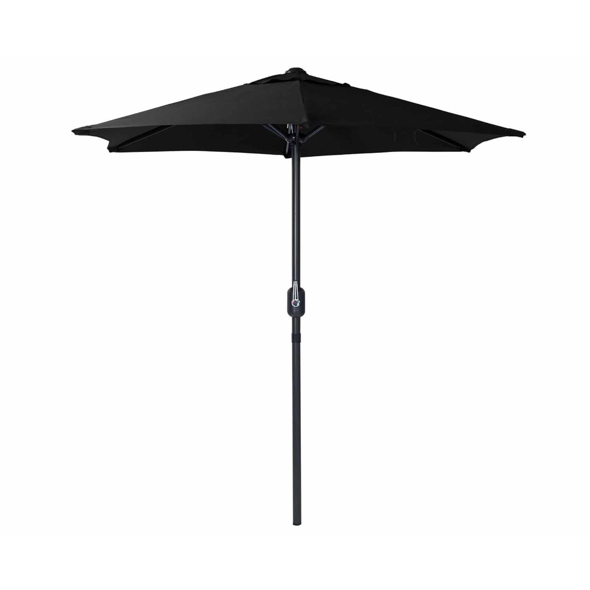 Black 2m market crank parasol with a sturdy black metal pole and a wide canopy, designed for outdoor use; base not included.