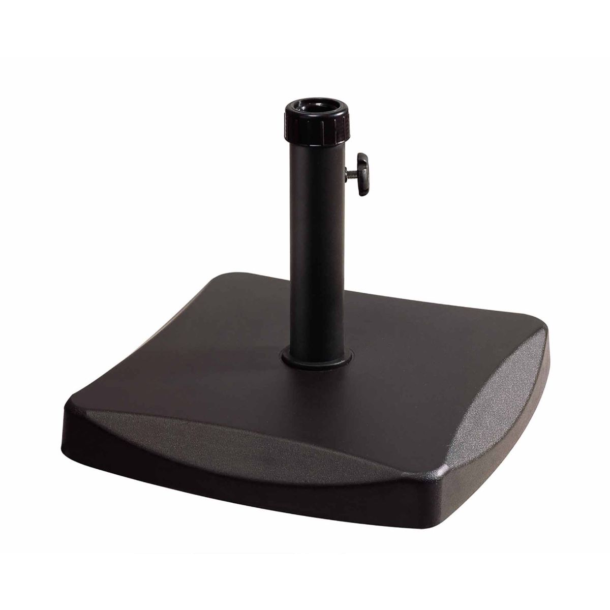 Heavyweight 27kg black concrete parasol base with a square design, featuring a central pole holder and adjustable screw for securing umbrellas.