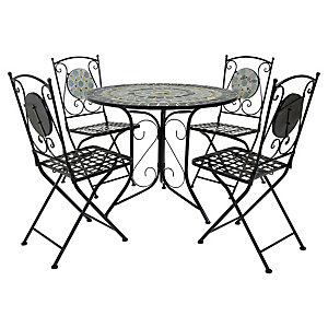 Black metal 4-seater bistro set featuring a round mosaic tabletop with colorful patterns and intricately designed folding chairs with circular backrests.