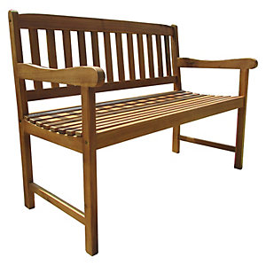 Acacia wooden two-seater bench with a slatted backrest and seat, featuring smooth, natural wood finish and sturdy armrests.