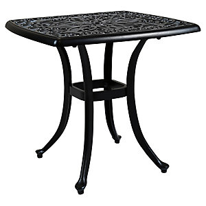 Square black metal table with intricate lattice design on the top and curved legs, featuring a lower support shelf for added stability.