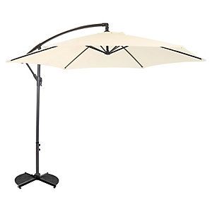 Cream-colored 3m hanging parasol with a sturdy black metal frame and an adjustable arm, designed for outdoor use, base not included.
