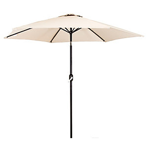 Cream-colored metal patio umbrella with a crank and tilt feature, supported by a dark brown pole, designed for outdoor use.