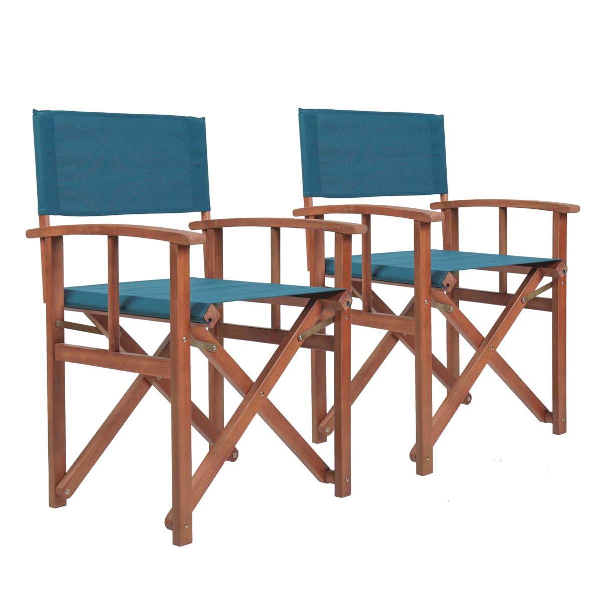 Pair of hardwood directors chairs featuring a teal blue fabric seat and backrest, with a sturdy wooden frame and an x-shaped base for easy folding.