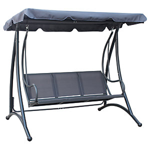 Grey 3-seater outdoor swing seat bench chair hammock with a durable canopy and a sturdy metal frame, featuring a comfortable mesh seat design.