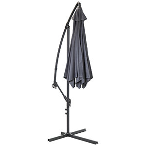 Grey Charles Bentley 3m cantilever patio umbrella with a curved arm and a sturdy black metal base, featuring a fabric canopy that is currently folded.