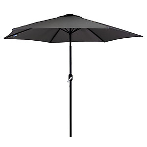 Grey market garden parasol with a sturdy black metal frame, featuring a wide canopy and a tilt mechanism for adjustable shade. Base not included.