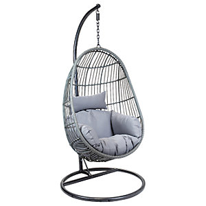 Grey rattan egg-shaped swing chair with a sturdy black metal frame, featuring plush grey cushions for comfort, suspended from a curved stand.