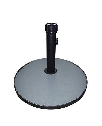 Round black concrete parasol base weighing 15kg, featuring a sturdy circular design and a central pole holder for securing umbrellas.