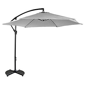 Light grey 3m cantilever patio umbrella with a curved black metal frame and a sturdy base, featuring a wide canopy for shade in outdoor settings.