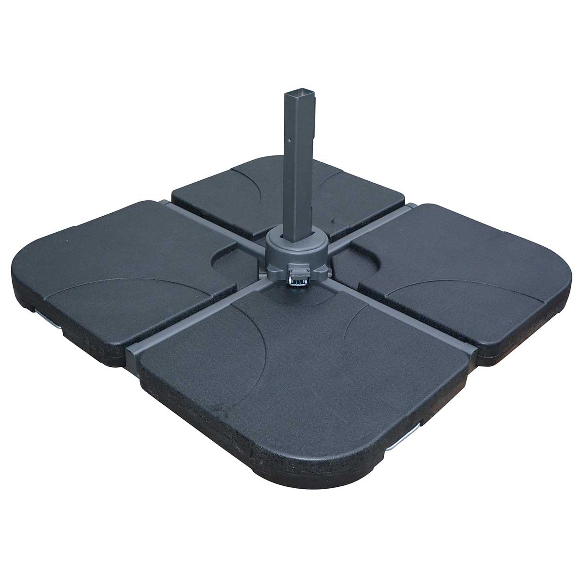 Premium black concrete parasol base with a square design, featuring two segments, each weighing 25kg, and a central pole holder for stability.