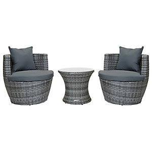 Three-piece outdoor furniture set featuring grey rattan chairs with grey cushions and a matching round side table.