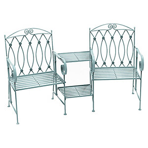 Sage green wrought iron companion seat featuring two chairs with decorative backs and a central table, ideal for outdoor settings.