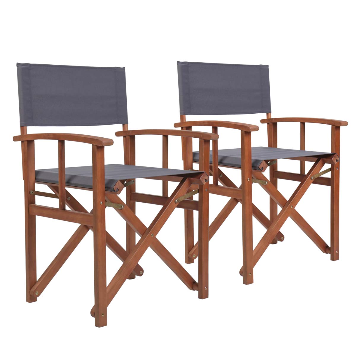 Pair of grey folding wooden directors chairs featuring a sturdy brown frame, fabric seat and backrest, and a classic design suitable for indoor or outdoor use.