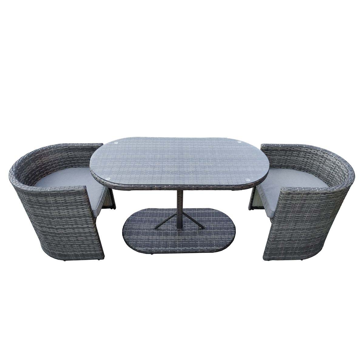 Grey rattan bistro set featuring two compact chairs with cushioned seats and an oval table, designed for outdoor garden spaces, showcasing a modern and space-saving style.